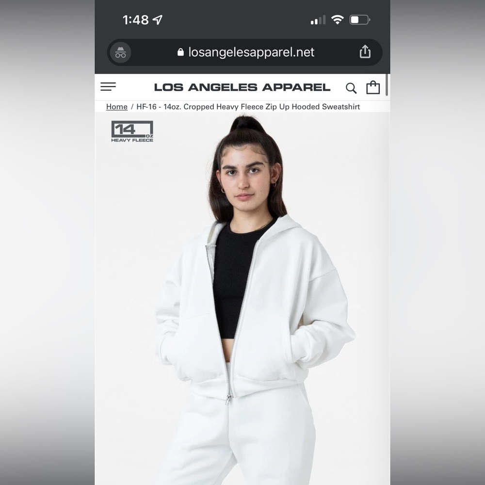 LOS ANGELES APPAREL ZIP HOODIE WHITE CROPPED